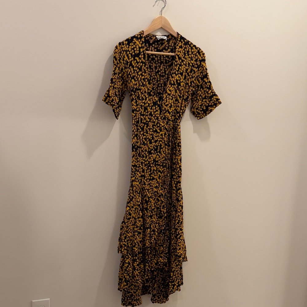 Ganni Black and Mustard Floral Wrap Maxi Dress